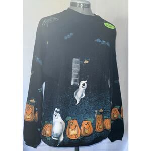 Vintage Artisans Halloween Sweatshirt  Medium Black Ghosts Pumpkins Bats 90s